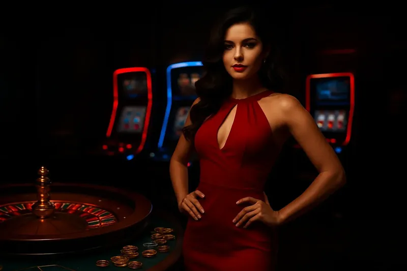 Elegant Casino Banner Beautiful woman in red dress near roulette and slot machines with gold coins and poker chips in luxury Bangladesh casino
