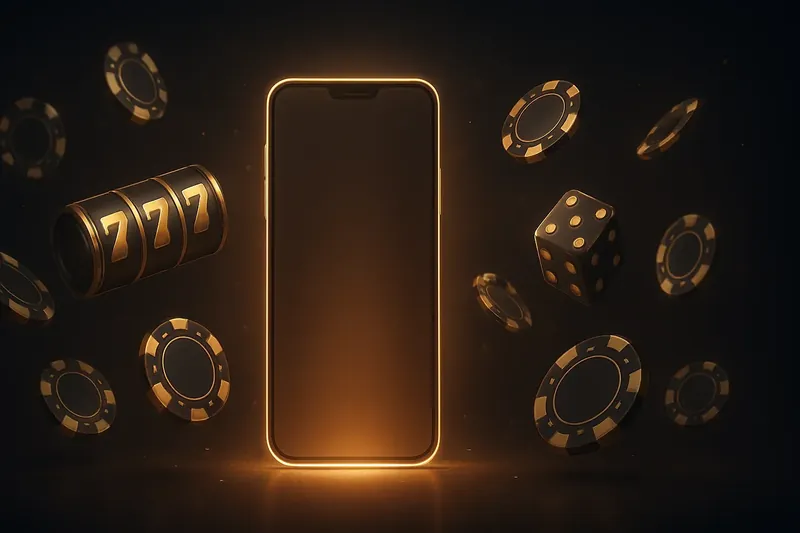 Luxury Casino Banner Glowing smartphone surrounded by casino chips, slot reels, and dice with gold accents on dark background